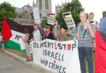 Demonstrators condemn Israel outside the Houses of Parliament on Friday evening