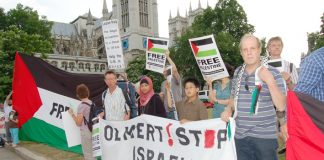 Demonstrators condemn Israel outside the Houses of Parliament on Friday evening