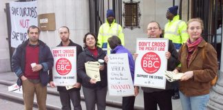 NUJ members picketing Bush House in May last year against cuts in the service