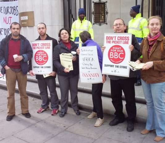 NUJ members picketing Bush House in May last year against cuts in the service
