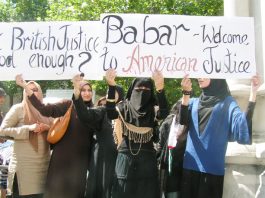 Supporters of Babar Ahmad outside the High Court on Tuesday