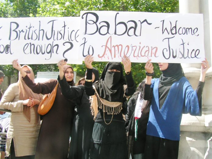 Supporters of Babar Ahmad outside the High Court on Tuesday