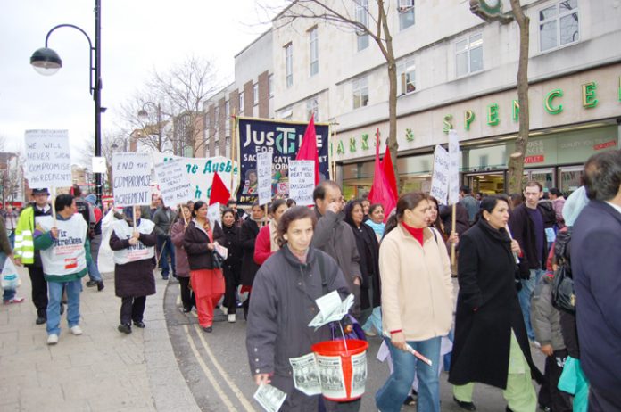 Gate Gourmet locked-out workers and supporters marching through Hounslow last March