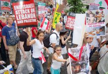 A section of the many thousands of marchers who demonstrated outside the American embassy in London last Saturday in support of Hezbollah and against the Israeli attack on the Lebanon
