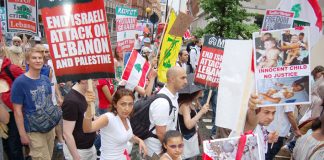 A section of the many thousands of marchers who demonstrated outside the American embassy in London last Saturday in support of Hezbollah and against the Israeli attack on the Lebanon