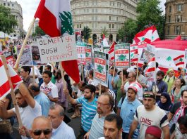 Marchers on the 30,000-strong ‘Stop Israel’s attack on Lebanon’  demonstration in London last Saturday condemn US president Bush and Israeli Premier Olmert as terrorists