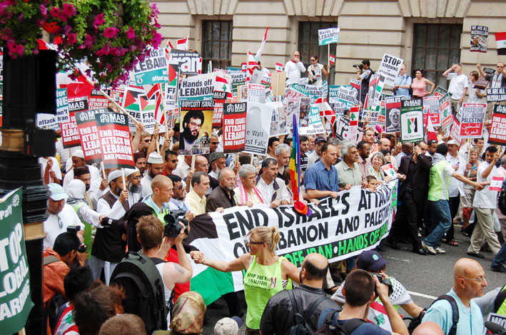 The front of last Saturday’s 30,000-strong march through central London condemning Israel