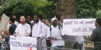 Part of the mass picket outside the Horseferry Road Magistrates Court yesterday