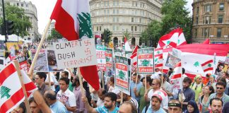 Marchers in London last Saturday condemned US-backed Israeli terror bombing