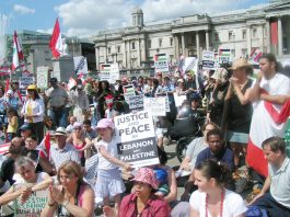 A section of the 3,000-strong rally in Trafalgar Square on Sunday demanding an Immediate ceasefire in the Lebanon