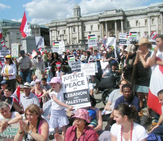 A section of the 3,000-strong rally in Trafalgar Square on Sunday demanding an Immediate ceasefire in the Lebanon