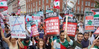 Marchers on July 22 demonstration against the attack on the Lebanon and Palestine denounce US, UK and Israel as terrorist