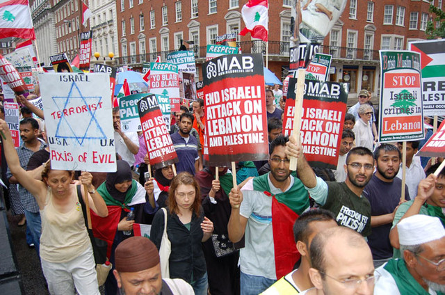 Marchers on July 22 demonstration against the attack on the Lebanon and Palestine denounce US, UK and Israel as terrorist