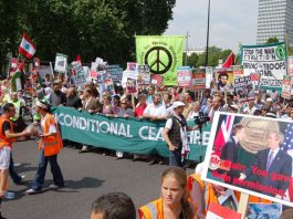 ‘HEZBOLLAH ARE RIGHT TO DEFEND THEIR COUNTRY’ – 100,000 march through central London The front of Saturday’s 100,000-strong march against Israel’s war on the Lebanon leaves Hyde Park