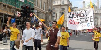 Youth denouncing the ‘Zionist killer state’ marching in London on Saturday’s 100,000-strong demonstration against the Israeli aggression