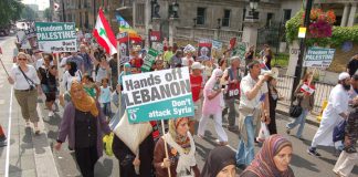 Demonstrators demanding ‘Freedom for Palestine’ and ‘Hands off Lebanon, Syria and Iran’ in last Saturday’s demonstration in London