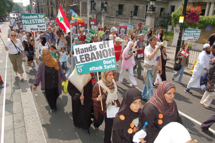 Demonstrators demanding ‘Freedom for Palestine’ and ‘Hands off Lebanon, Syria and Iran’ in last Saturday’s demonstration in London