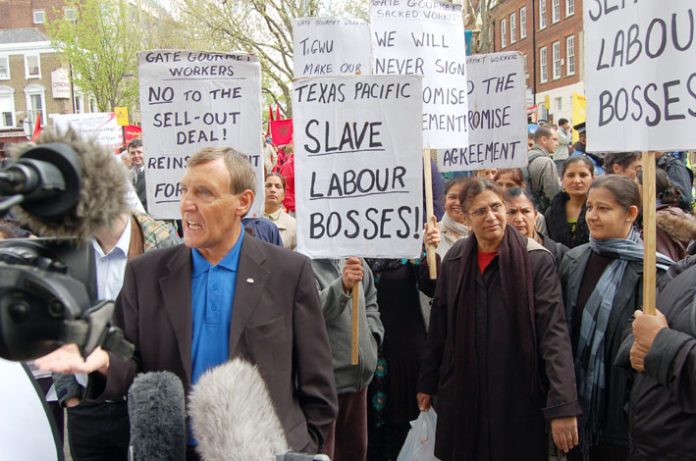 TGWU leader TONY WOODLEY was reminded by Gate Gourmet locked-out workers on May1st that their struggle was very much ongoing