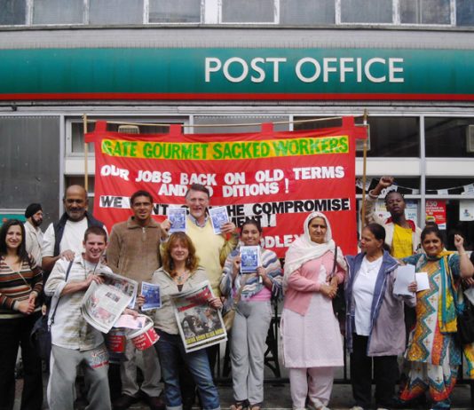 Gate Gourmet locked-out workers and supporters campaigning for their march and rally on Southall High Street yesterday
