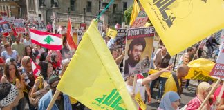 Hezbollah flags on a section of the 100,000-strong London demonstration on August 5th against Israel’s attacks on Lebanon and Gaza