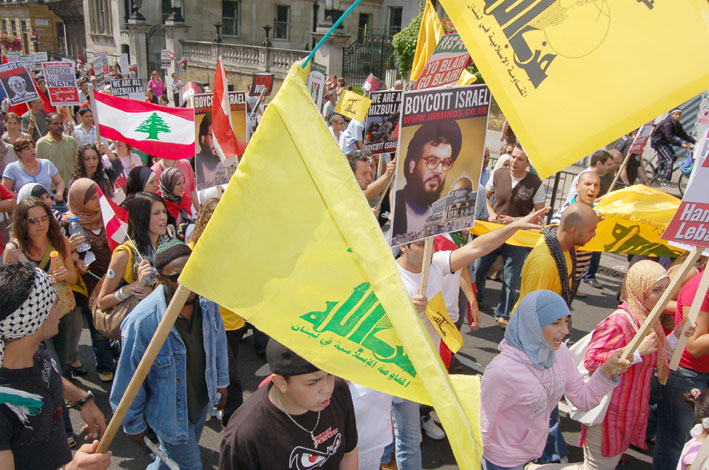 Hezbollah flags on a section of the 100,000-strong London demonstration on August 5th against Israel’s attacks on Lebanon and Gaza