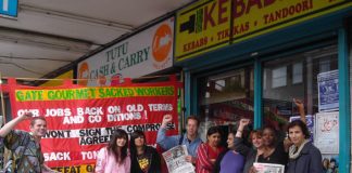 Gate Gourmet sacked workers  on Southall Broadway yesterday campaigning for their march on Sunday