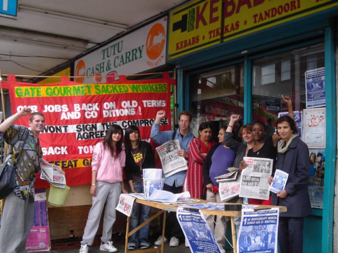 Gate Gourmet sacked workers  on Southall Broadway yesterday campaigning for their march on Sunday