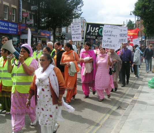 Gate Gourmet locked out workers leading yesterday’s 600-strong 1st Anniversary march through Southall