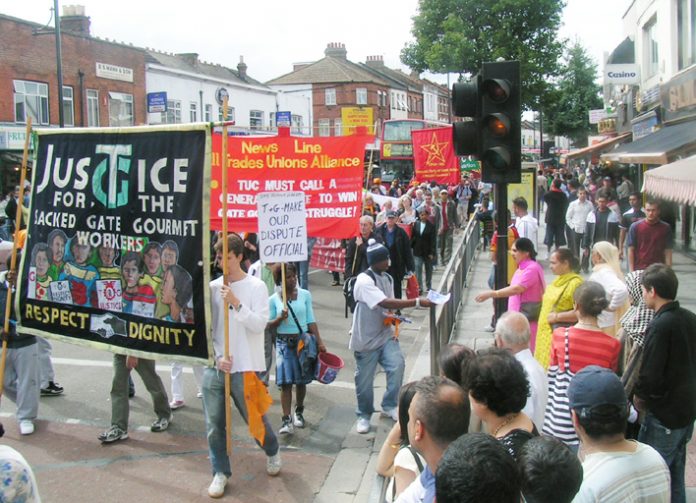 The 600-strong Anniversary march of the locked-out Gate Gourmet workers won a big response as it went through the busy Southall Broadway