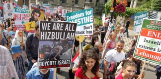 Marchers in London on August 5th against Israel’s attack on Lebanon show their support for Hezbollah