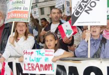 Protesters outside Downing Street on July 11 condemned Israeli war crimes against Lebanon – Amnesty International has said Israel bombed  civilians deliberately