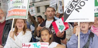 Protesters outside Downing Street on July 11 condemned Israeli war crimes against Lebanon – Amnesty International has said Israel bombed  civilians deliberately