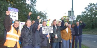 Whipps Cross strikers on the picket line early yesterday morning