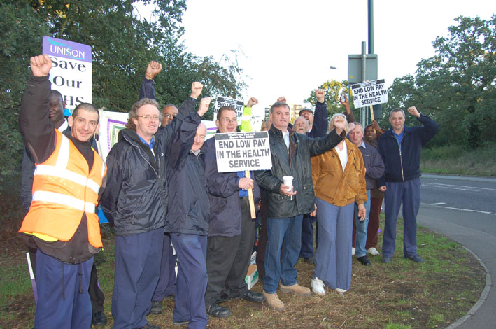Whipps Cross strikers on the picket line early yesterday morning