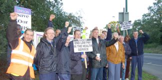Whipps Cross Hospital strikers on the picket line last Wednesday determined to win their pay dispute