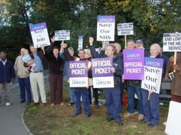 UNISON pickets outside Whipps Cross Hospital during last week’s three-day strike at Rentokil Initial workers demanding equal pay with NHS employed staff