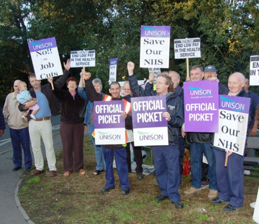 UNISON pickets outside Whipps Cross Hospital during last week’s three-day strike at Rentokil Initial workers demanding equal pay with NHS employed staff