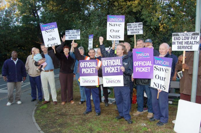 UNISON pickets outside Whipps Cross Hospital during last week’s three-day strike at Rentokil Initial workers demanding equal pay with NHS employed staff