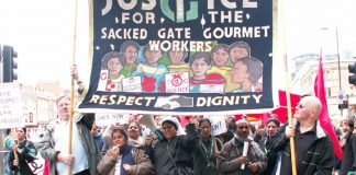 Gate Gourmet workers marching on May 1 – yesterday TGWU leader Tony Woodley admitted that their struggle was not over