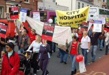 Part of the 5,000-strong lively demonstration in Nottingham last Saturday demanding national trade union action to defend the NHS