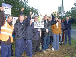 Low payed Whipps Cross Hospital workers employed by Rentokil/Initial during their strike in July for parity with NHS employed staff