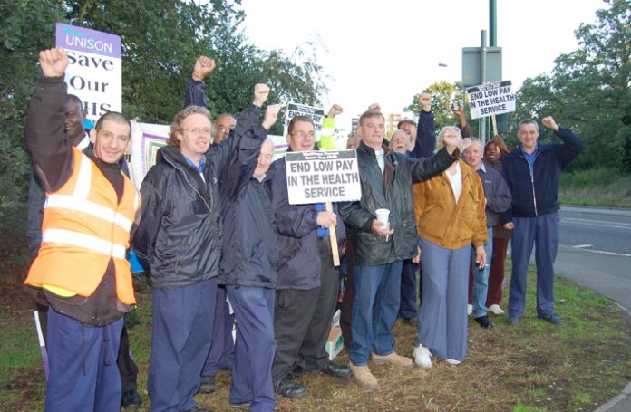 Low payed Whipps Cross Hospital workers employed by Rentokil/Initial during their strike in July for parity with NHS employed staff