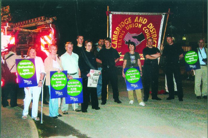 NHS Logistics workers picketing last tuesday night at Bury St Edmunds determined they will not work for privateer DHL
