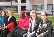 EMMA GINN (second left), ENID RUHANGO and SOPHIE ODOGO (centre) and GILL BUTLER (second right) were among those who attended a press conference outside the Home Office yesterday, where they demanded the closure of Yarl’s Wood and all the other immigration