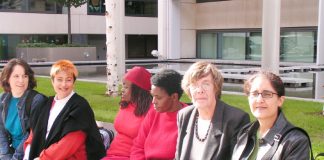 EMMA GINN (second left), ENID RUHANGO and SOPHIE ODOGO (centre) and GILL BUTLER (second right) were among those who attended a press conference outside the Home Office yesterday, where they demanded the closure of Yarl’s Wood and all the other immigration