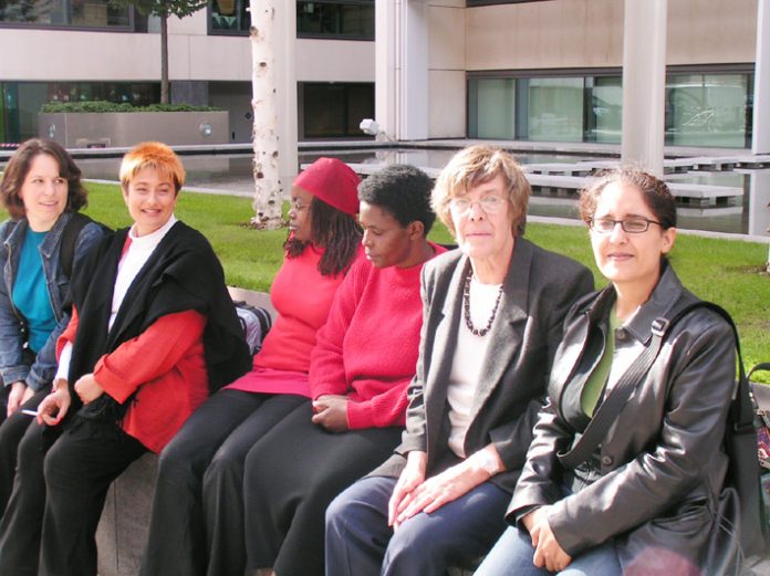 EMMA GINN (second left), ENID RUHANGO and SOPHIE ODOGO (centre) and GILL BUTLER (second right) were among those who attended a press conference outside the Home Office yesterday, where they demanded the closure of Yarl’s Wood and all the other immigration