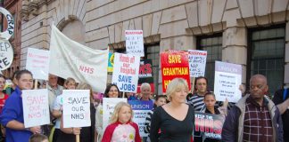 UNISON head of health KAREN JENNINGS (centre) joined the 5,000-strong march in Nottingham against NHS cuts