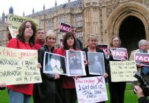 Bereaved families lobbying parliament yesterday. LINZI HERBERTSON is third from left and LINDA WHELAN is sixth from left