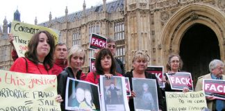 Bereaved families lobbying parliament yesterday. LINZI HERBERTSON is third from left and LINDA WHELAN is sixth from left