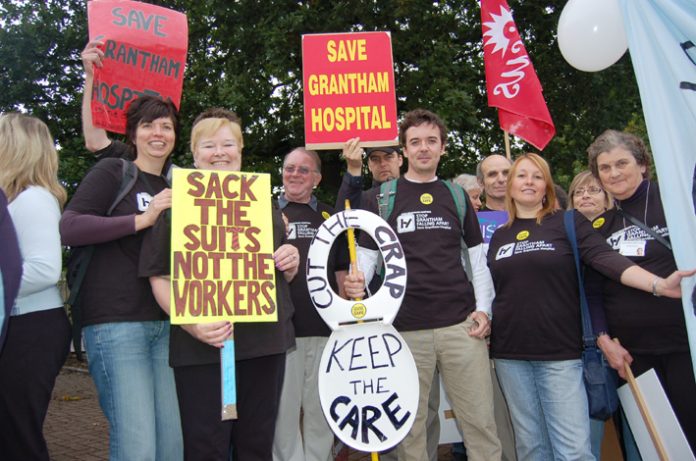 Health workers fighting to save Grantham Hospital on the 5,000-strong march through Nottingham last month